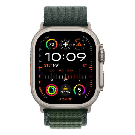 Apple Watch Ultra 2 (2024), 49 мм корпус из титана цвета «Natural», ремешок Alpine Loop размера S цвета «Dark Green»