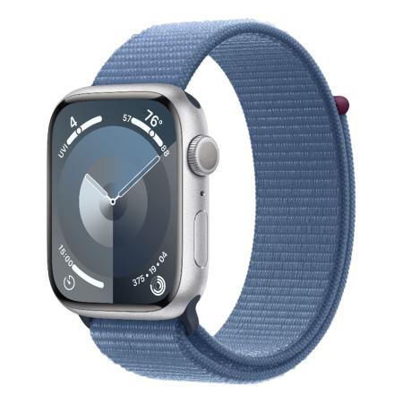 Apple Watch Series 9, 45 мм корпус из алюминия цвета «Silver», ремешок Sport Loop цвета «Winter Blue»