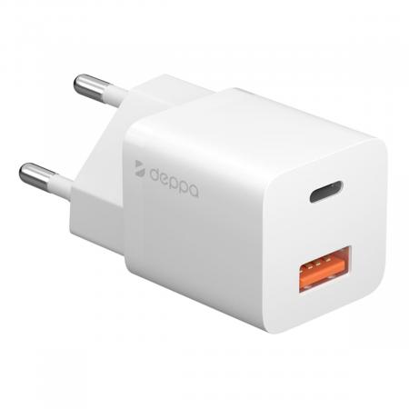 Зарядное устройство Deppa GaN Wall Charger USB-A + USB Type-C, PD 3.0, QC 3.0, 20Вт (11410) Белый