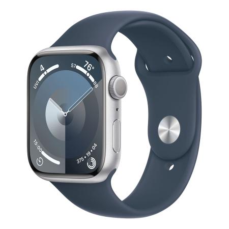 Apple Watch Series 9, 45 мм корпус из алюминия цвета «Silver», ремешок Sport Band размера S/M цвета «Storm Blue»