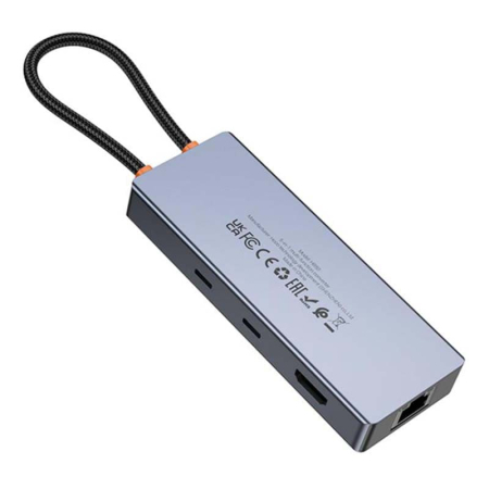 Хаб hoco. 8в1 (HDTV+RJ45+SD/TF+PD+Type-C3.0+USB3.0*2) (HB52) Темно-серый